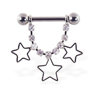 Nipple ring with dangling jeweled chain and hollow stars, 12 ga or 14 ga