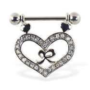 Nipple ring with dangling jeweled heart and bow, 14 ga