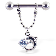 Nipple ring with dangling chain, dolphin and gem, 12 ga or 14 ga