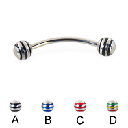 Curved barbell with epoxy striped balls, 16 ga