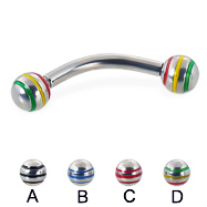Curved barbell with epoxy striped balls, 12 ga