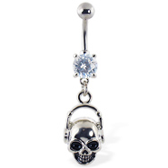 Navel ring with dangling skull with headphones