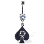Navel ring with dangling spade with skull