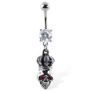 Navel ring with dangling crowned skull