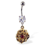 Navel ring with dangling yellow rose with red gem