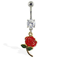 Navel ring with dangling colored rose