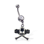 Navel ring with dangling skull and crossbones with roses