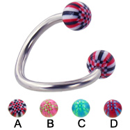 Spiral barbell with acrylic checkered balls, 12 ga