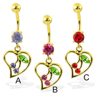 Gold Tone belly ring with dangling heart and cherry