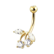 14K Yellow Gold Gemmed Cherry Belly Button Ring With Jeweled Top Ball