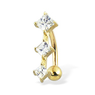 14K yellow gold reversed belly button ring with three square CZ