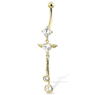 14K Yellow Gold Navel Ring with Winged Heart-Shaped CZ And Two Dangling Gems