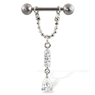 Nipple ring with three gems and teardrop on chain, 12 ga, 14 ga, or 16 ga