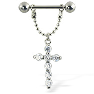 Nipple ring with gemmed cross on chain, 12 ga, 14 ga, or 16 ga