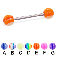 Titanium straight barbell with acrylic layered balls, 16 ga