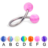 Spiral barbell with acrylic layered balls, 16 ga