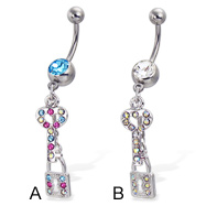 Belly button ring with jeweled key and lock