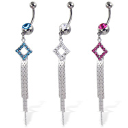 Belly button ring with dangling jeweled square and chains