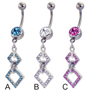 Belly button ring with two-square dangle