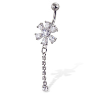 Navel ring with gemmed flower and jeweled dangle
