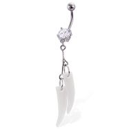 Belly button ring with stone and two dangling tusks