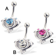 2-in-1 jeweled belly button ring with two dolphins
