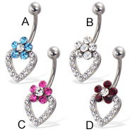 Jeweled flower and heart belly button ring