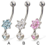 Jeweled flower belly button ring with dangling jeweled heart