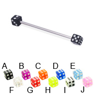 Long barbell (industrial barbell) with acrylic dice, 14 ga