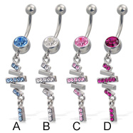 Jeweled belly button ring with dangling multi-stick charm