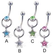 Door knocker belly button ring with dangling jeweled star