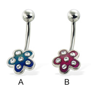 Colored 5-petal flower belly button ring with gems