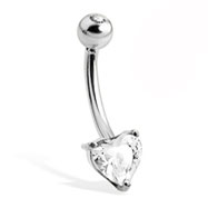 14K White Gold Belly Button Ring with Heart-Shaped Stone And Jeweled Top Ball