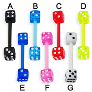 Flexible acrylic dice tongue ring, 14 ga