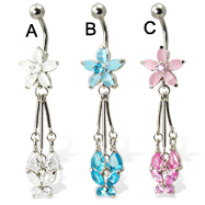 Flower belly button ring with dangling butterfly and teardrops