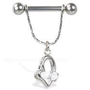 Nipple ring with jewel on dangling asymmetric heart, 12, 14, or 16 ga