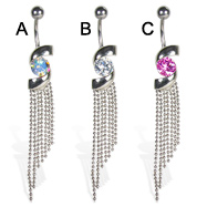 Jeweled belly button ring with uneven dangles