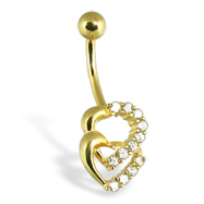 14K Yellow Gold Navel Ring With Two Jeweled Hearts