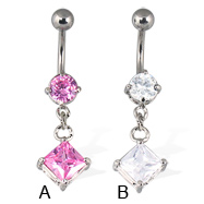 Belly button ring with dangling square gem