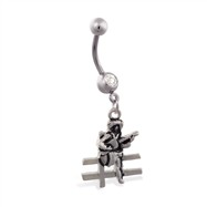 Jeweled belly ring with Dangling Cowgirl On Fence