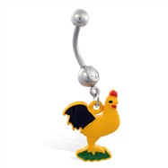 Jeweled belly ring with dangling rooster