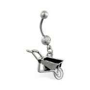 Jeweled belly ring with Dangling Wheel Barrow