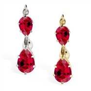 14K Gold reversed belly ring with double Ruby teardrop dangle