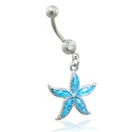 Belly ring with dangling aqua glitter starfish