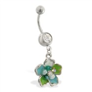 Navel ring with dangling multi-jeweled epoxy flower