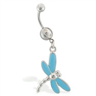 Belly ring with dangling lt blue dragonfly