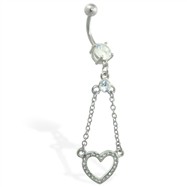Navel ring with dangling jeweled heart on chains