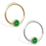14K Gold captive bead ring with Emerald