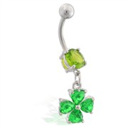 Belly ring with small dangling jeweled four leaf clover