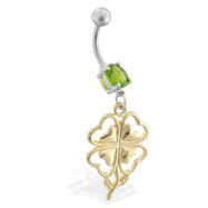 Belly ring with dangling gold colored four leaf heart clover flower